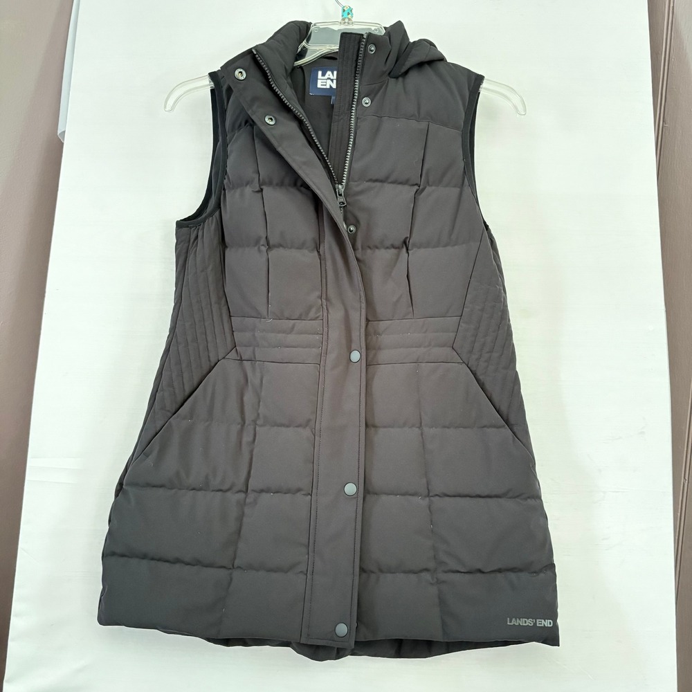 Lands End Womens Quilted Puffer Vest Hooded Zip‎ Front Charcoal Gray XS 2-4